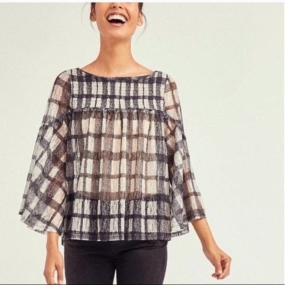Anthropologie Akemi + Kin Patrizia Sheer Plaid Bell Sleeve Top- Size Medium